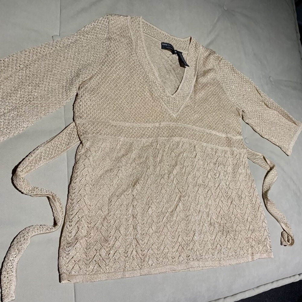 Dana Buchman Sparkly Blush Knit V-Neck Sweater With Belt 1X NWOT 3/4 Sleeves